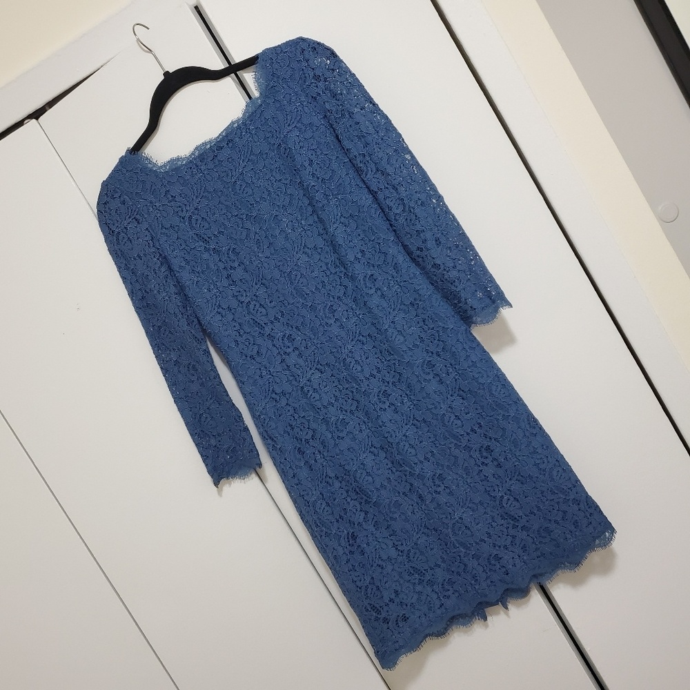 Adrianna Papell Blue Lace 3/4 Sleeve Dress